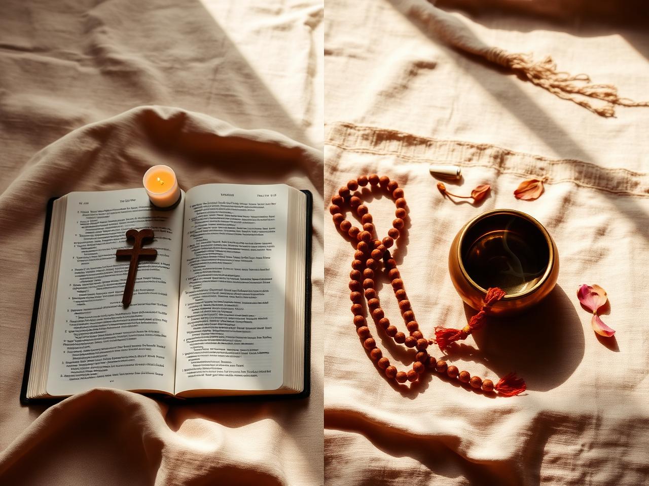 Libro abierto, vela y flores secas: símbolos de recogimiento y sabiduría